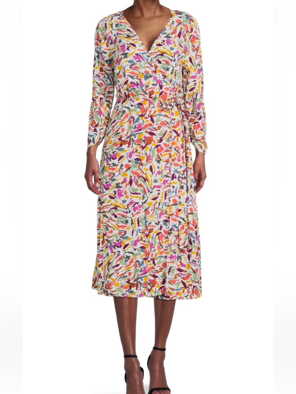 beachlunchlounge White Midi Wrap Dress with Multicolor Abstract Print